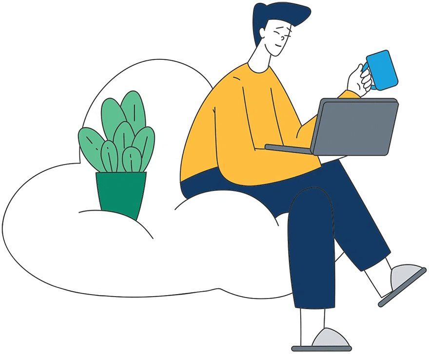 Man researching Aim Forward services hoping a hot drink with his laptop